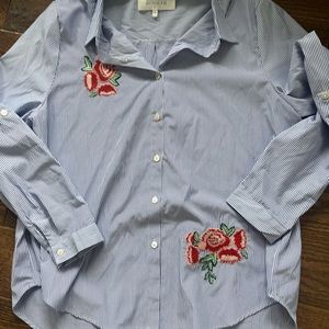 Alice Blue  embroidered button down shirt sz Large Stitch Fix Striped blouse lg